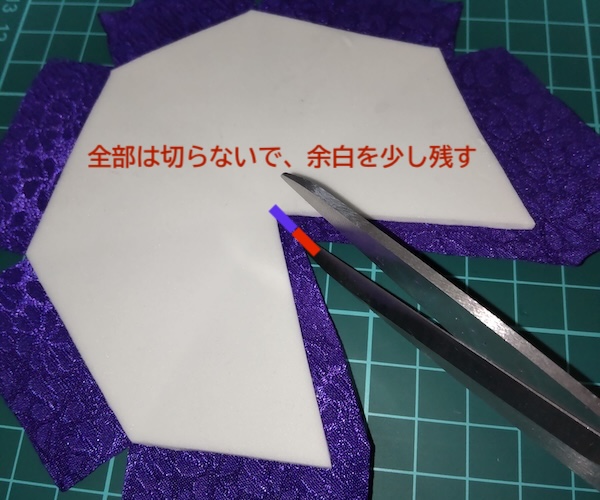 布に切れ目を入れる際に余白を少し残すように説明した図