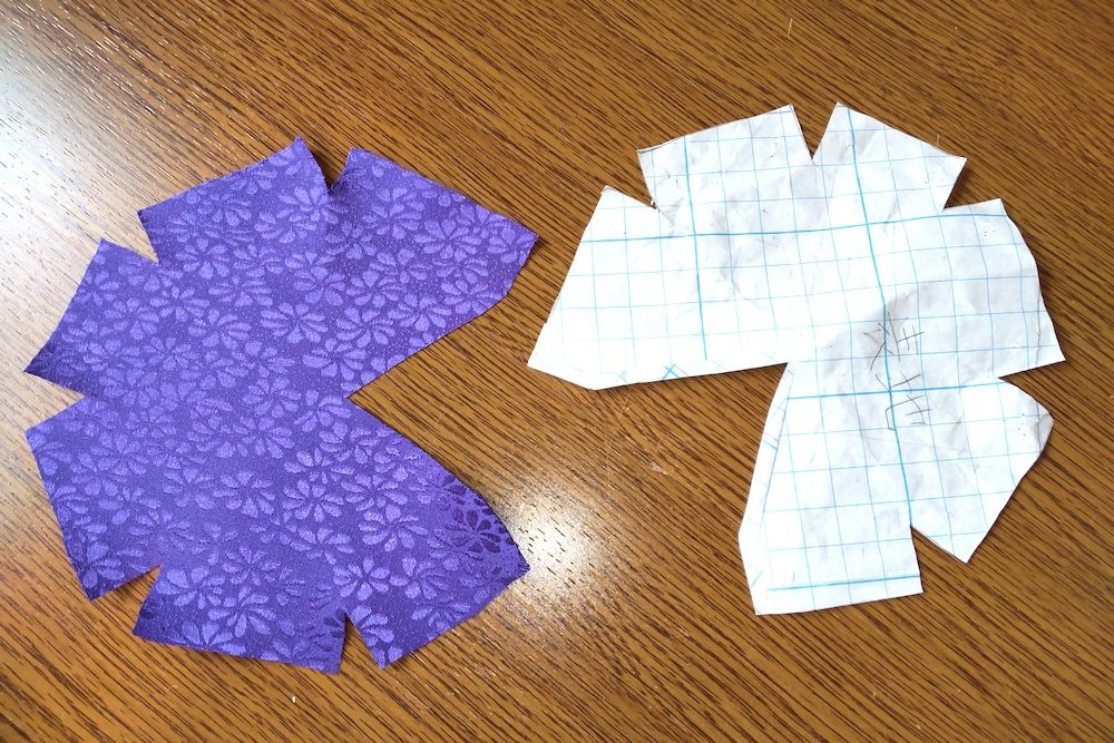 頭襟の裏地の型紙とカットした紫色の生地